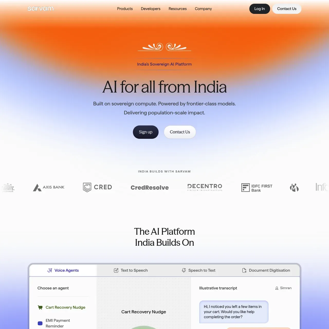 Sarvam website screenshot